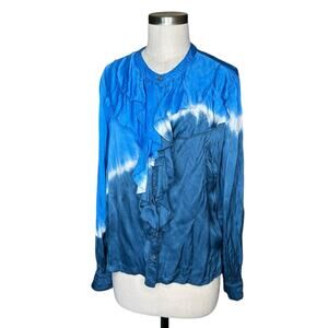 RAQUEL ALLEGRA Blue Tie‎ Dye Ruffle Trim Peasant Button Front Blouse Size 2 US L